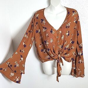 Miley & Molly Pumpkin Color  Floral Top, Ruffle Bell Sleeves Tie Waist, Sz Large